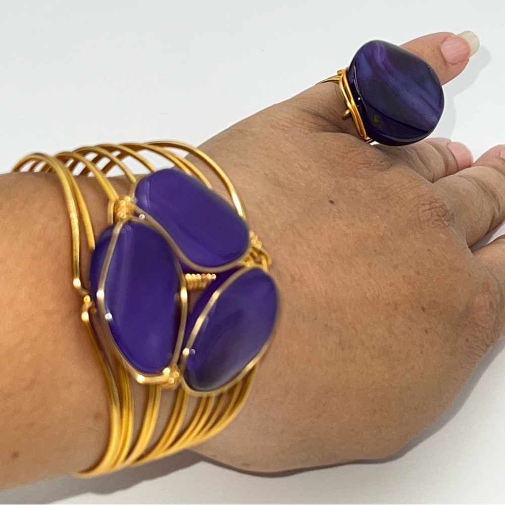 Elegant Purple/Blue and Gold Bracelet and Ring Costume Jewelry 2 Piece Set - Picture 8 of 8